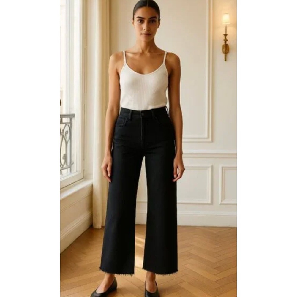 Zara The Marine Straight Leg Jeans Womens‎ 8 Black Wash Denim High Rise Raw Hem